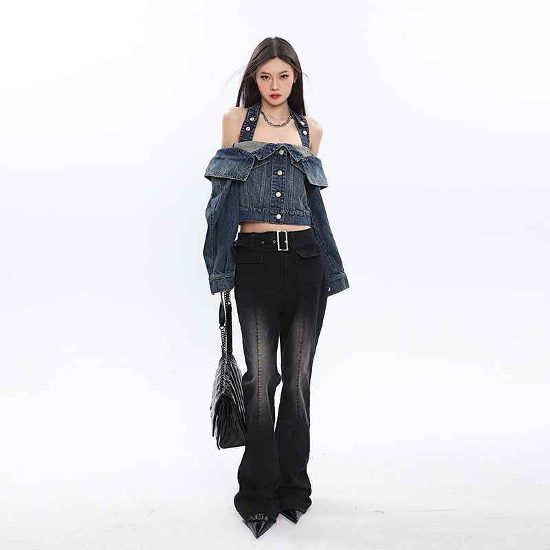 Antmvs Seanna Denim Blue Spice Neck Off-the-Shoulder Halter Loose Cropped Jacket Top