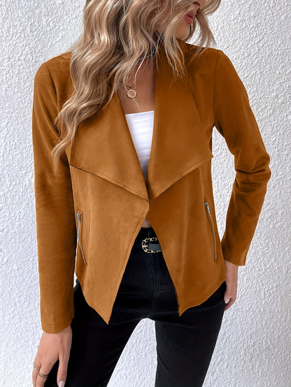 Antmvs Solid Open Front Lapel Jacket, Elegant Long Sleeve Jacket For Spring & Fall, Women's Clothing