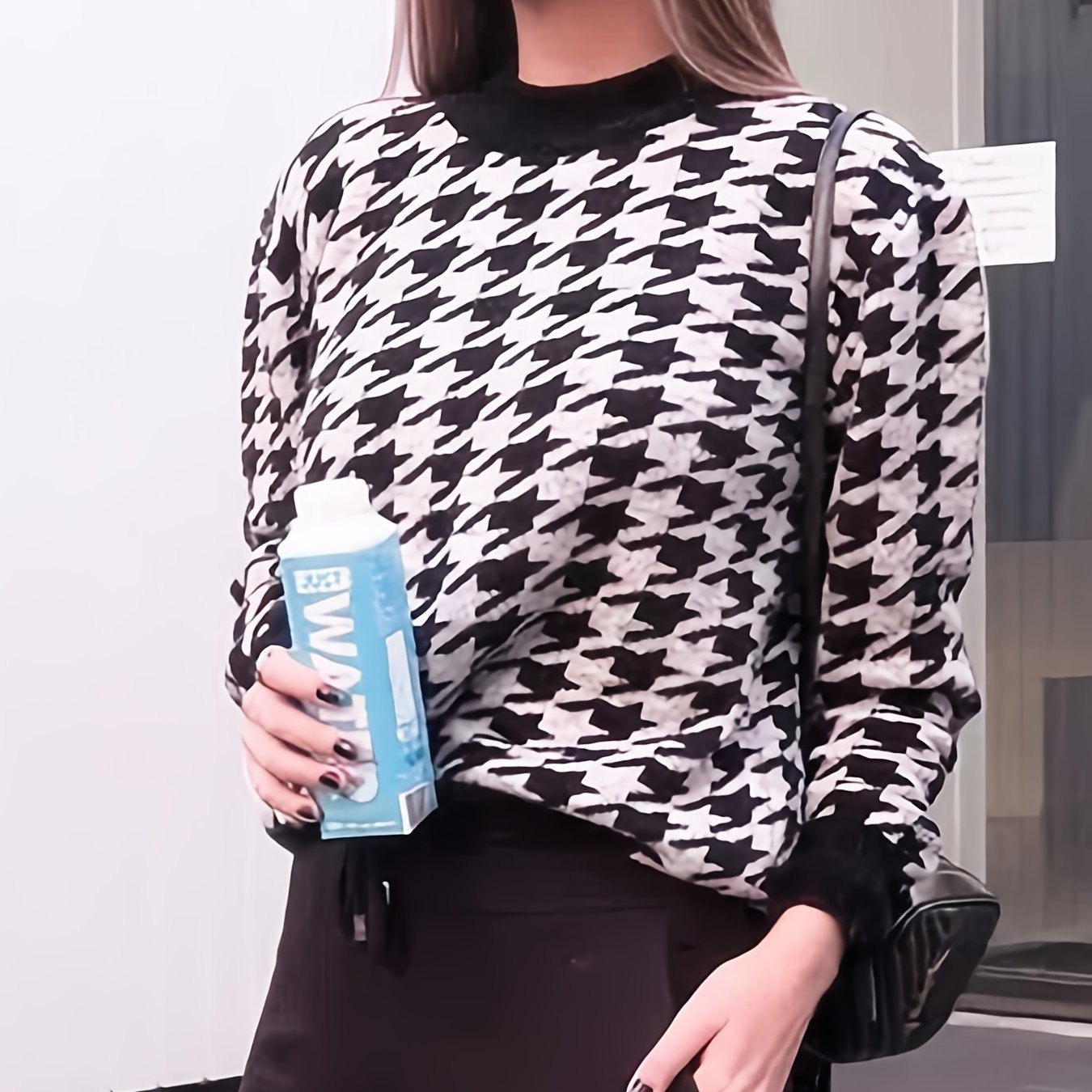 Antmvs Houndstooth Print Knitted Sweater, Casual Long Sleeve Loose Sweater For Fall & Winter, Women's Clothing