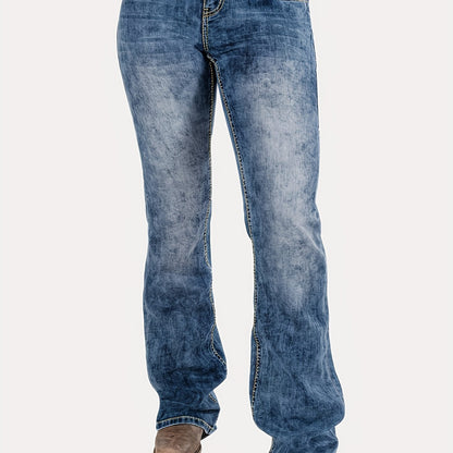 Antmvs Blue Whiskered Bootcut Jeans, Mid-Stretch Slant Pockets Mid Waist Versatile Denim Pants, Women's Denim Jeans & Clothing