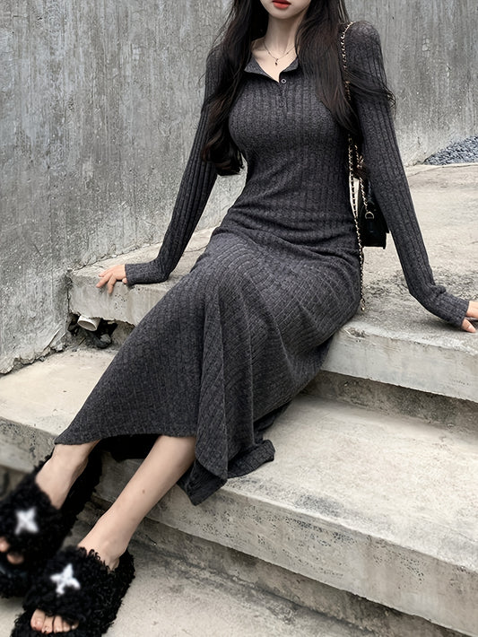 Antmvs Button Front Lapel Neck Ribbed Dress, Chic Solid Color Long Sleeve Dress For Fall & Winter, Women's Clothing