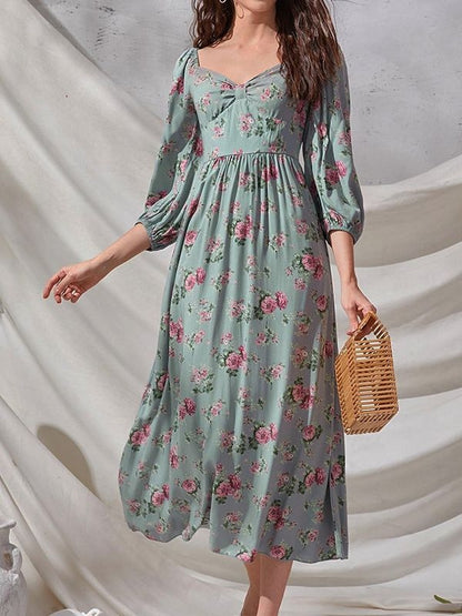 Antmvs Floral Print Squared Neck 3/4 Sleeve Dress, Elegant High Waist Ruffled Hem Maxi Dress, Women's Clothing