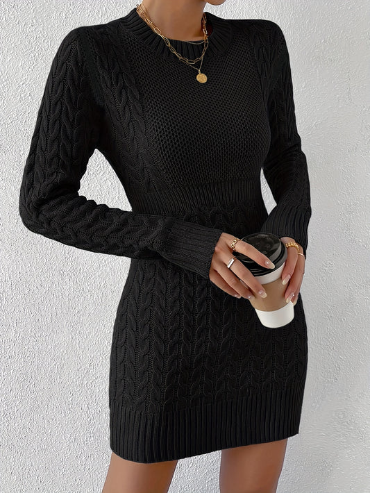 Antmvs Solid Cable Knit Sweater Dress, Casual Crew Neck Long Sleeve Dress, Women's Clothing