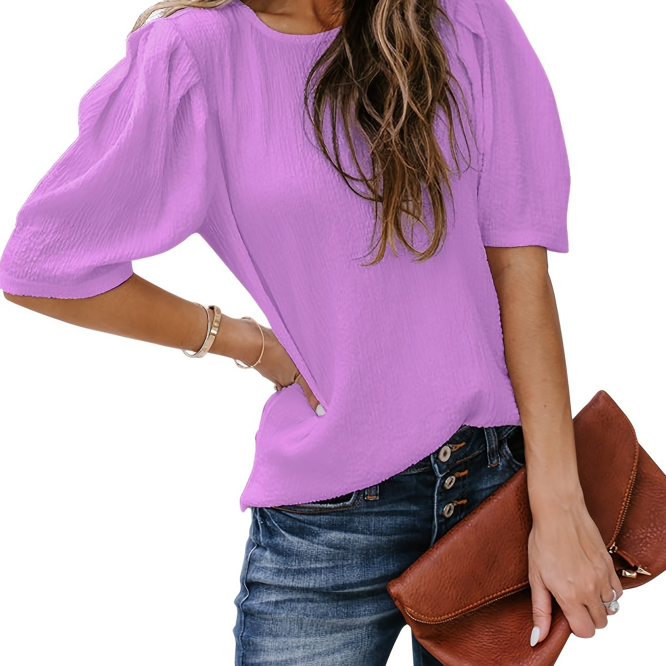 Antmvs  Solid Short Sleeve Blouse, Crew Neck Casual Every Day Top For Summer & Spring, Women's Clothing