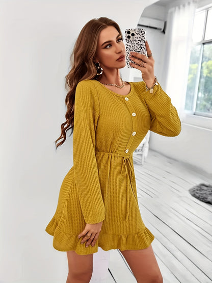 Antmvs Ruffle Hem Button Front Dress, Casual Long Sleeve Crew Neck Drawstring Dress, Women's Clothing