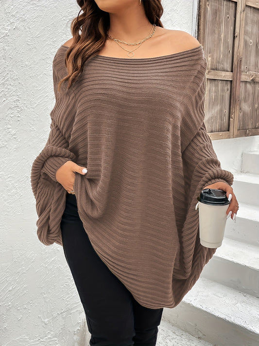 Antmvs Plus Size Rib Knit Off Shoulder Batwing Sleeve Loose Fit Sweater, Women's Plus High Stretch Casual Sweater