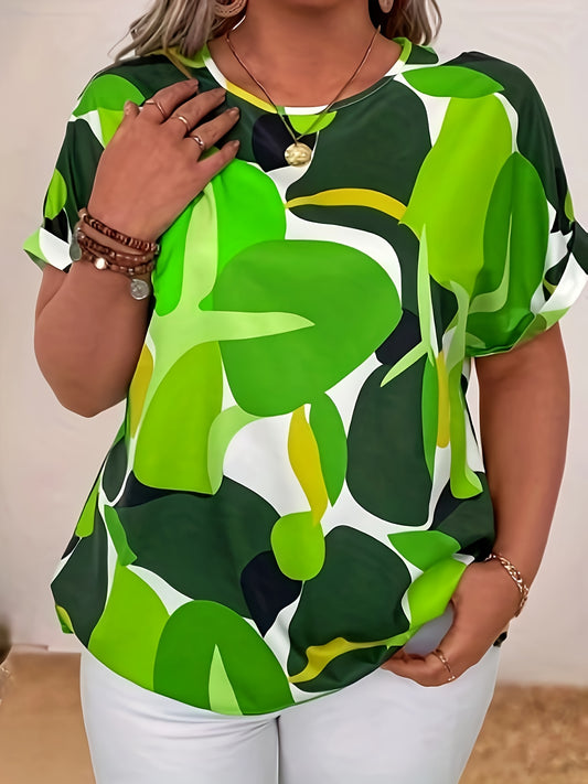 Plus Size Elegant Crew Neck Color Block Blouse - Vibrant All Over Print, Non-Stretch Polyester, Woven Shirting for Spring and Summer - Chic Batwing Sleeve, Easy Wear for Womens Plus Size Clothing