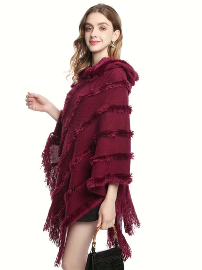 Antmvs Tassel Shawl Hooded Shawl Sweater, Vintage Solid Asymmetrical Hem Poncho Sweater, Women's Clothing