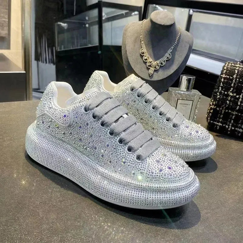 Autumn Women Platform Shoes rhinestones Thicksoled White Silver Shining Crystal Sneakers Trend Casual 240607