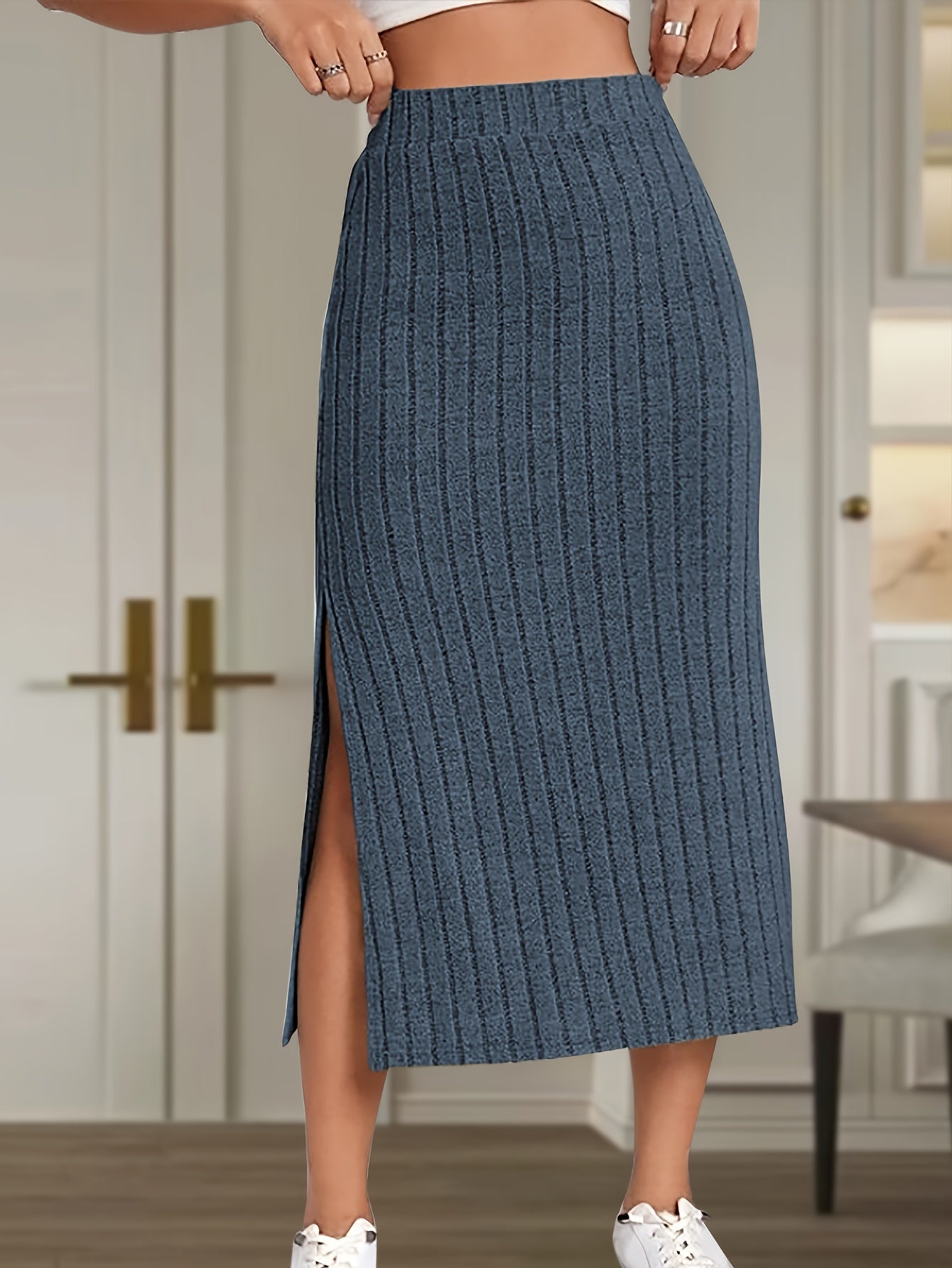 Antmvs Ribbed Knit Side Split Skirt, Casual Solid Every Day Skirt, Women's Clothing