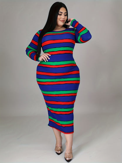 Antmvs Plus Size Casual Dress, Women's Plus Stripe Print Long Sleeve Round Neck Bodycon Midi Dress