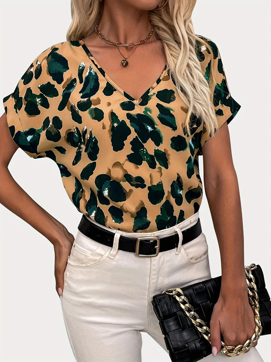 Antmvs  Abstract Print V Neck Blouse, Casual Short Sleeve Blouse For Spring & Summer, Women's Clothing