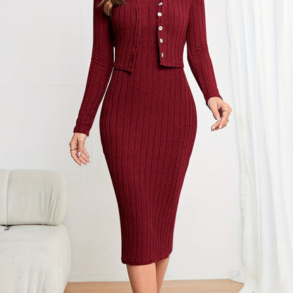 Antmvs Solid Ribbed Two-piece Set, Button Front Long Sleeve Cardigan & Sleeveless Bodycon Dress Outfits, Women's Clothing