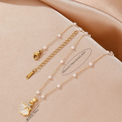 A Stainless Steel Chain With Shell Inlay, 18K Gold Plated, Retro Style, Ideal For Daily Wear And Gift To Women