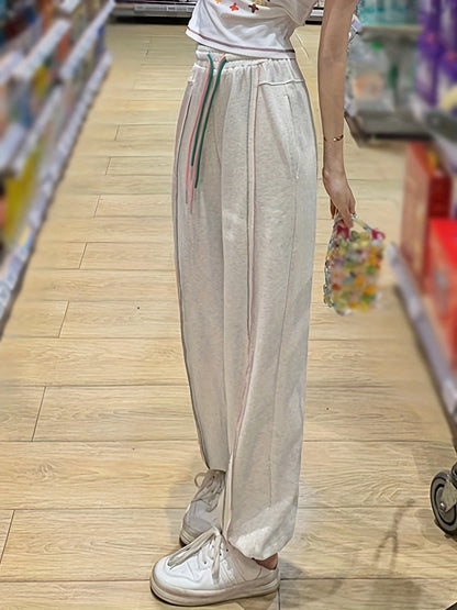 Antmvs Top-stitching Baggy Jogger Pants, Casual Drawstring Sporty Pants With Pocket, Women's Clothing
