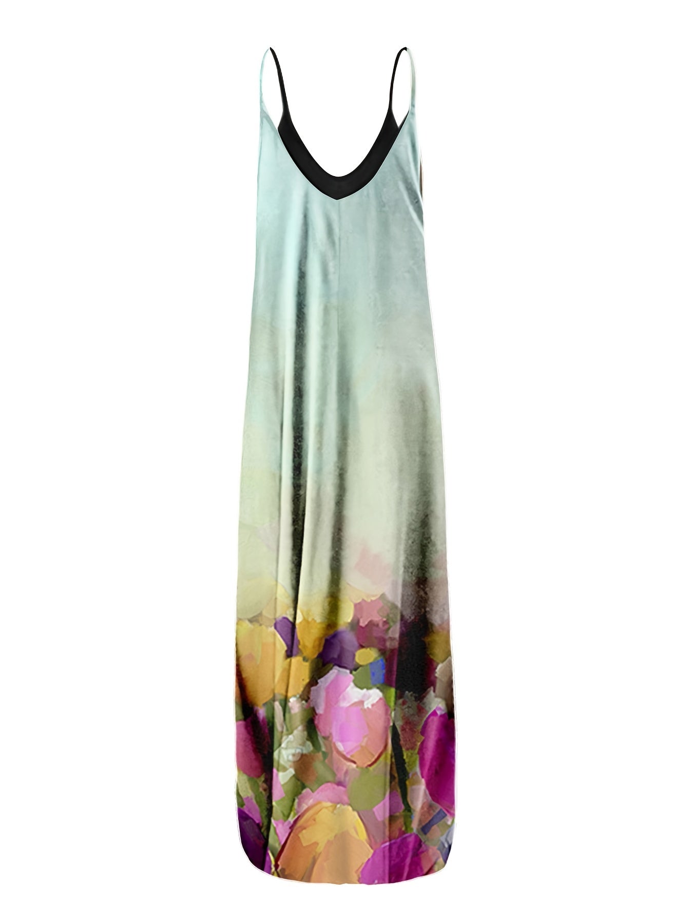 Antmvs Oil Painting Print Cami Dress, Loose V Neck Backless Dress, Casual Every Day Dress, Women's Clothing