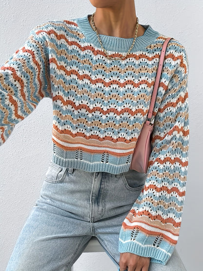 Antmvs Eyelet Geo Print Knit Sweater, Casual Crew Neck Long Sleeve Sweater, Women's Clothing
