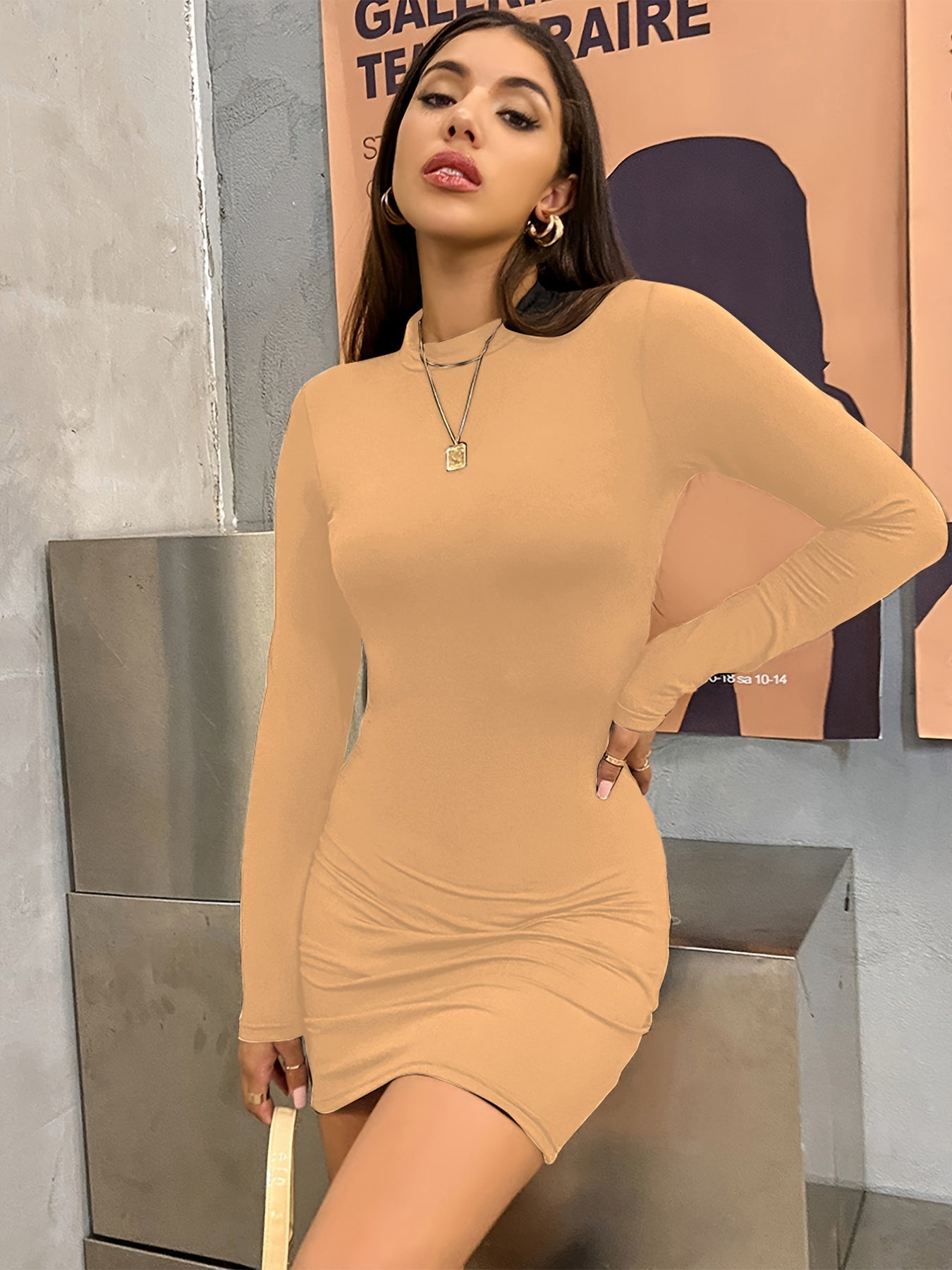 Antmvs Mock Neck Bodycon Dress, Sexy Long Sleeve Dress For Spring & Fall, Women's Clothing