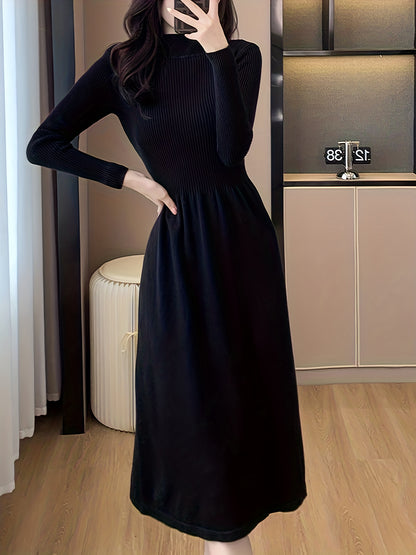 Antmvs Solid Long Sleeve Knit Dress, Elegant Mock Neck A-line Dress For Fall & Winter, Women's Clothing