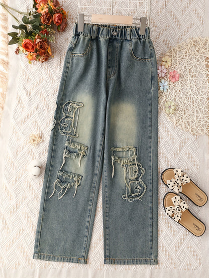 Antmvs Girls Vintage Rip Patches Design Loose Fit Wide Leg Denim Pants For Street Style