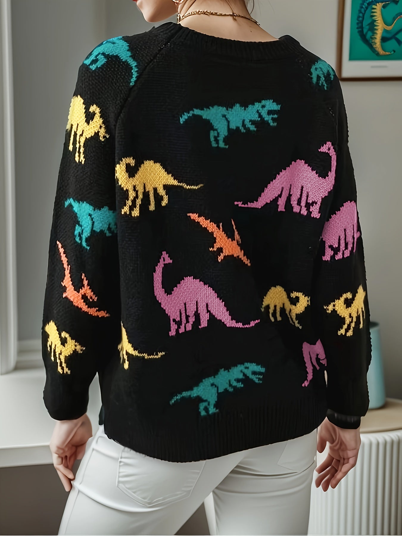 Antmvs Dinosaurs Print Crew Neck Pullover Sweater, Y2K Long Sleeve Color Block Knitted Sweater For Spring & Summer, Women's Clothing