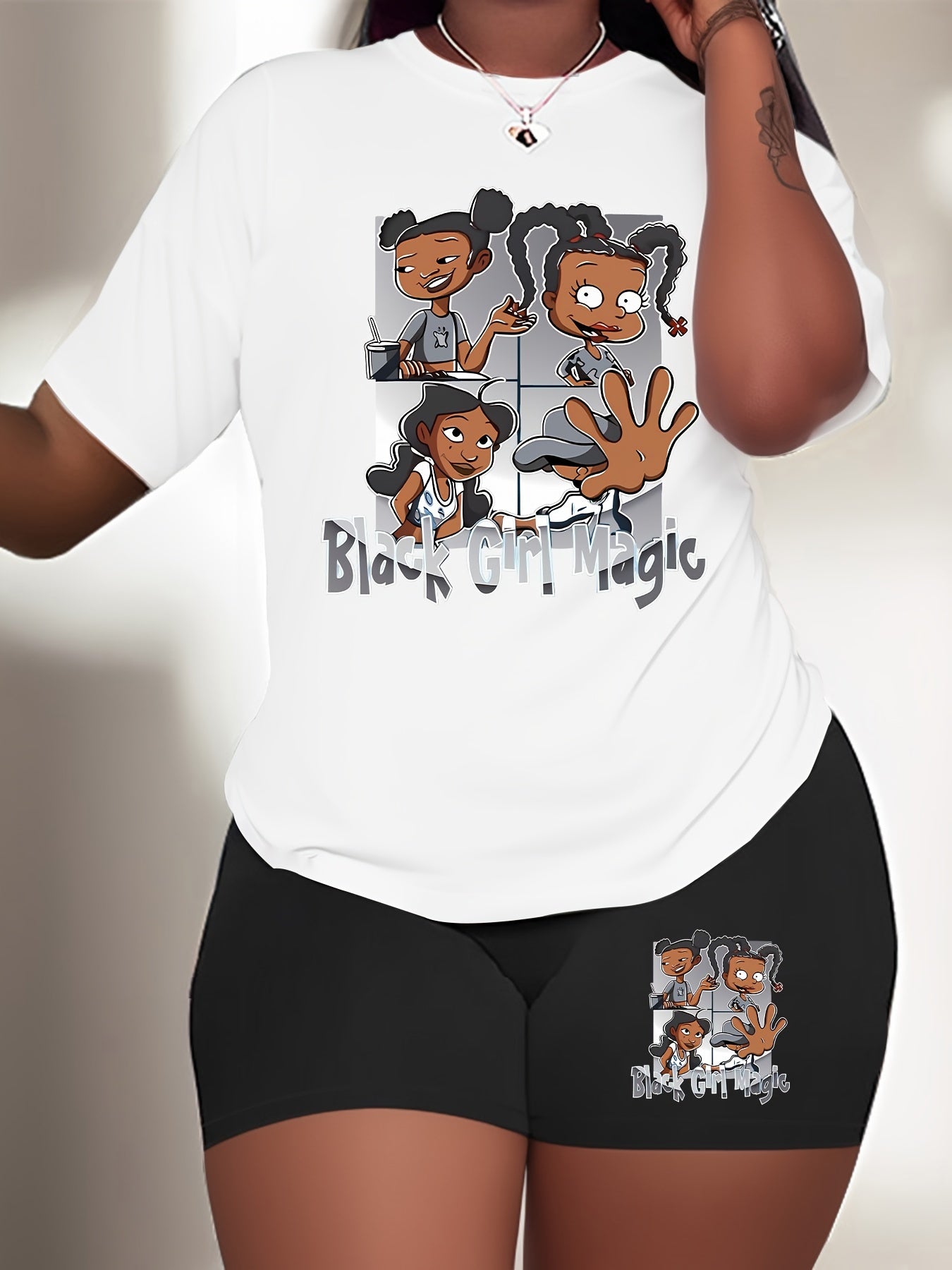 Plus Size Women's 2-Piece Set - Vibrant "Black Girl Magic" Graphic Tee and Matching Blue Shorts - Inspirational Casual Summer Outfit with Relaxed Fit, Breathable Fabric, and Stylish Design for Confident Women