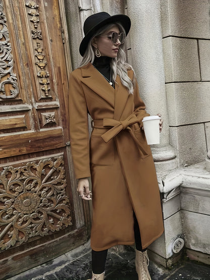 Antmvs Solid Long Length Trench Coat, Elegant Long Sleeve Versatile Outerwear, Women's Clothing