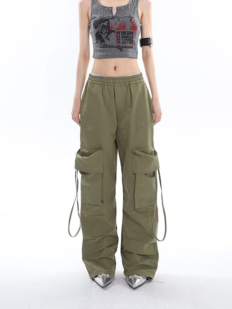 Antmvs Sia Solid Color White Slim Short Sleeve Cropped Top + High Waist Baggy Multi-Pocket Cargo Pants Matching Set