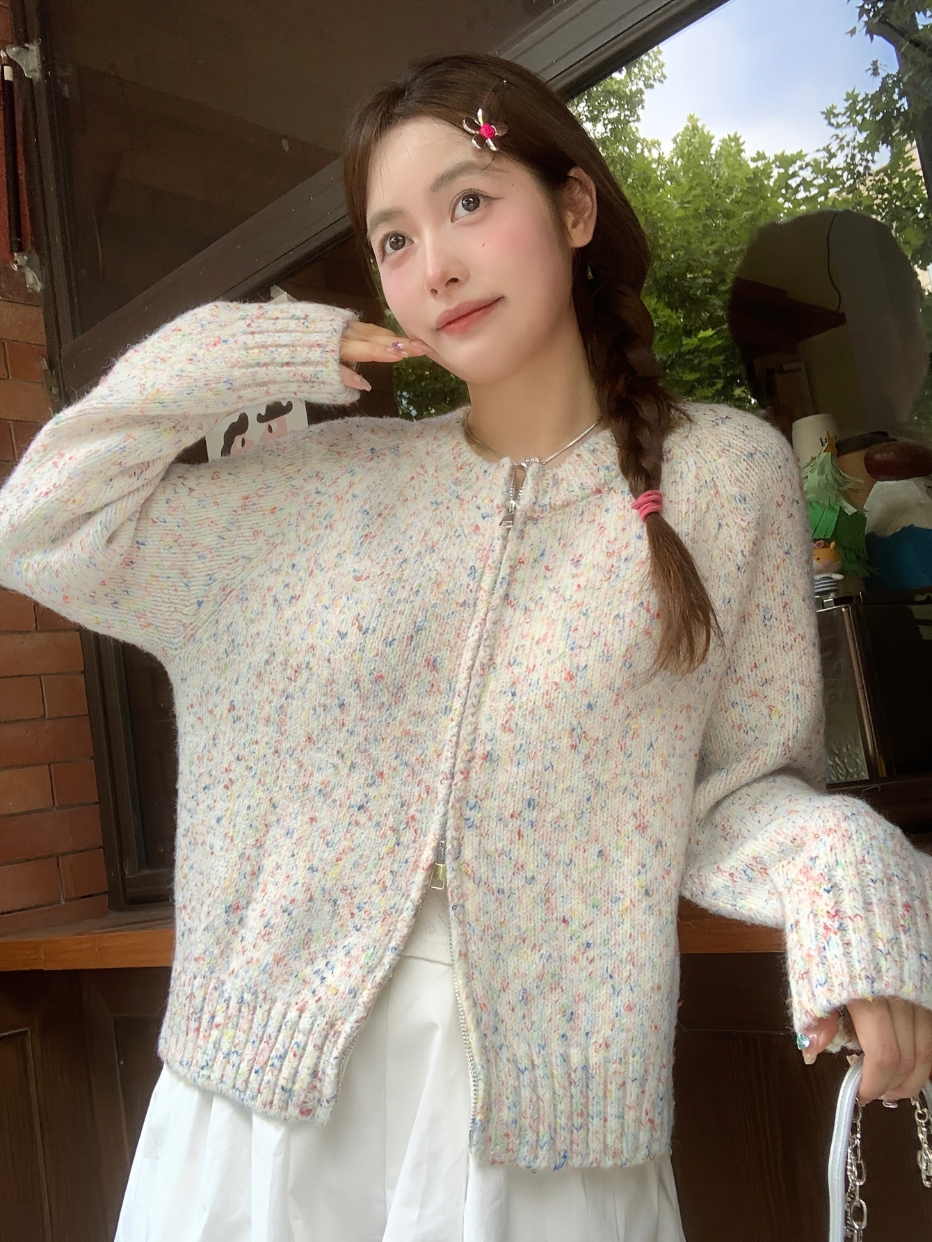 Antmvs Colorful Dot Zip Up Knit Cardigan, Casual Long Sleeve Sweater Coat, Women's Clothing