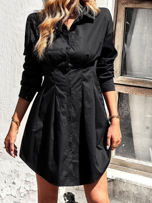 Antmvs Button Front Tucked Shirt Dress, Stylish Cuff Sleeve Lapel Dress For Spring & Fall, Women's Clothing