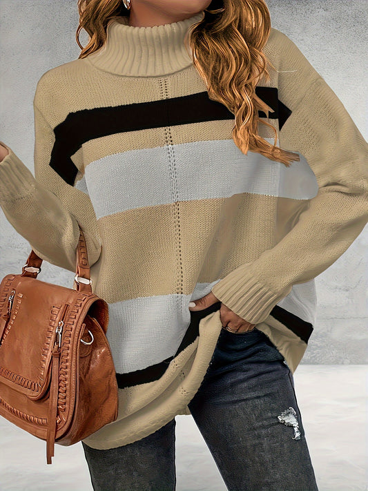 Antmvs Plus Size Casual Sweater, Women's Plus Colorblock Long Sleeve Turtle Neck Slight Stretch Sweater