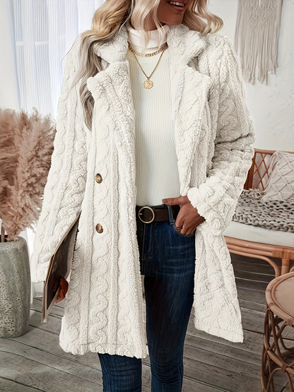 Antmvs Double-breasted Teddy Bear Coat, Casual Thermal Lapel Neck Long Sleeve Plush Jacket For Winter, Women's Clothing