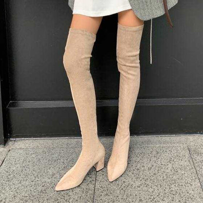 High Heel Block Chunky Over The Knee Flannel Boots - Zip Back, Pointed Toe, Rubber Sole, Solid Color, Fabric Inner, Casual Chelsea Boots for Women - All Season Wear