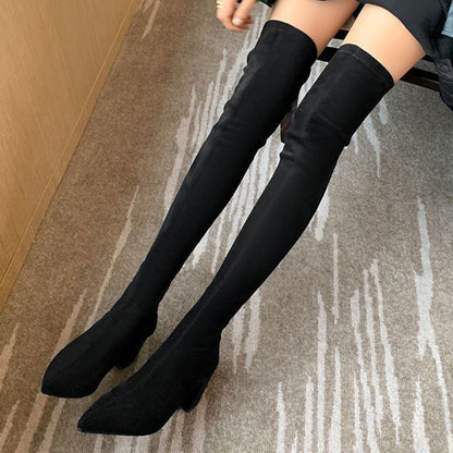 High Heel Block Chunky Over The Knee Flannel Boots - Zip Back, Pointed Toe, Rubber Sole, Solid Color, Fabric Inner, Casual Chelsea Boots for Women - All Season Wear