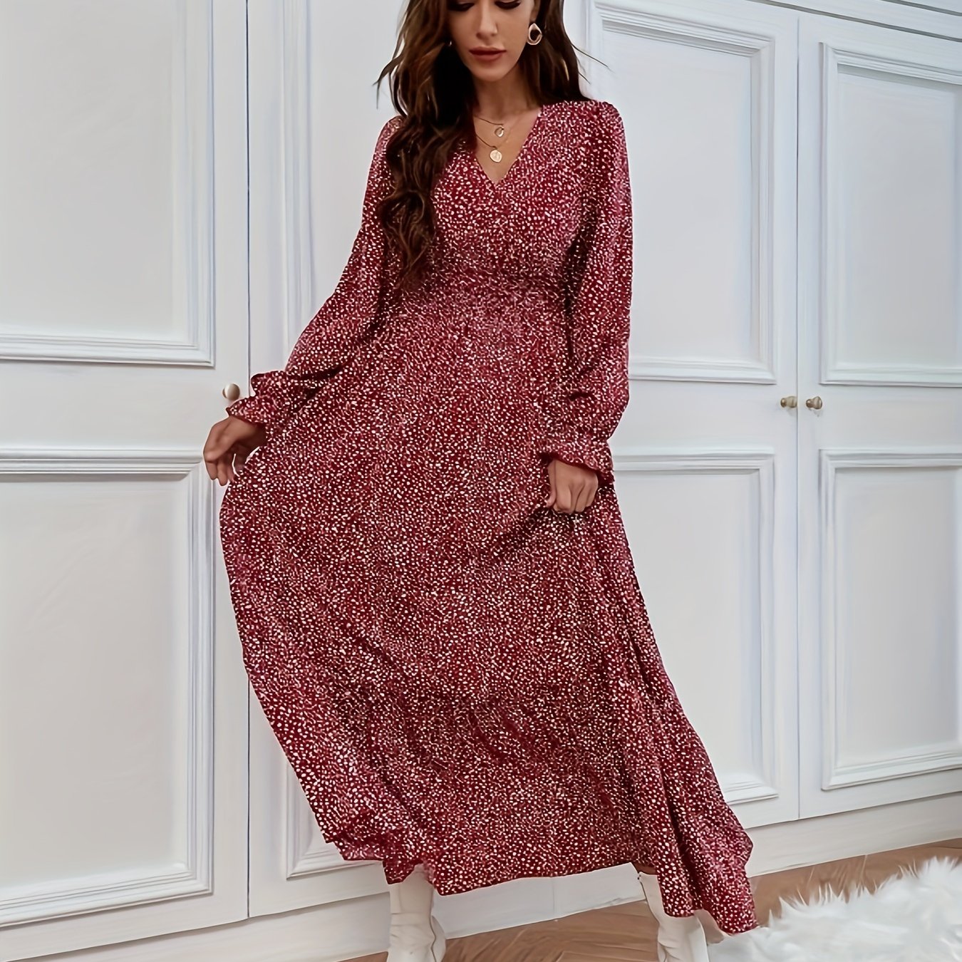 Antmvs Floral Print Lantern Sleeve Dress, Casual V Neck Dress For Spring & Fall, Women's Clothing