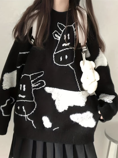 Antmvs Cute Cow Pattern Pullover Sweater, Preppy Long Sleeve Oversized Sweater, Women's Clothing