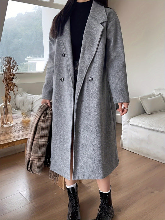 Antmvs Double Breasted Lapel Coat, Casual Long Sleeve Fall & Winter Outerwear, Women's Clothing