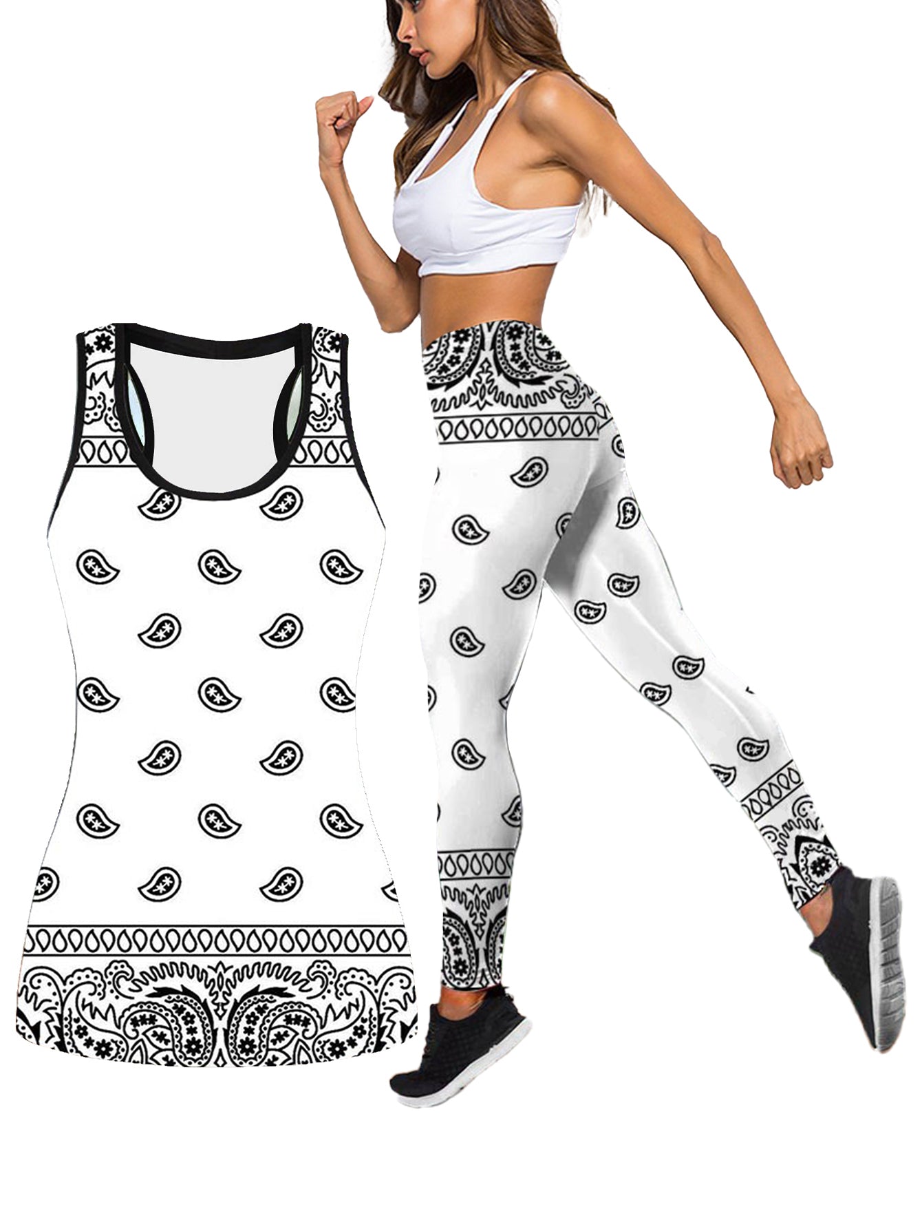 Plus Size Two Piece Sports Outfits Set - Women's Boho Chic Paisley Print Racer Back Tank Top & Leggings for Yoga, Running, Fitness, and Active Wear with Slight Stretch