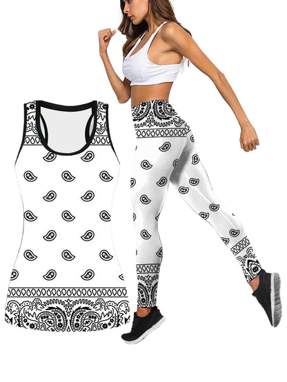 Plus Size Two Piece Sports Outfits Set - Women's Boho Chic Paisley Print Racer Back Tank Top & Leggings for Yoga, Running, Fitness, and Active Wear with Slight Stretch