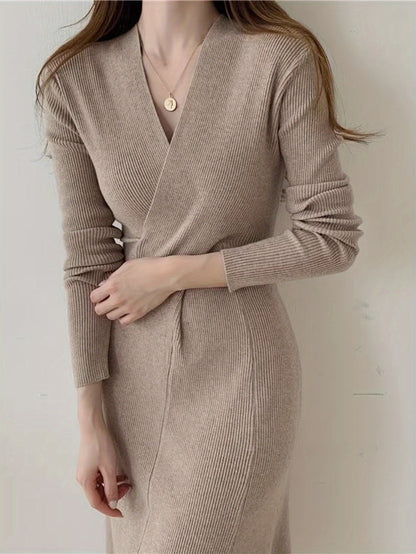 Antmvs Solid Bodycon Midi Dress, Casual V Neck Long Sleeve Dress, Women's Clothing