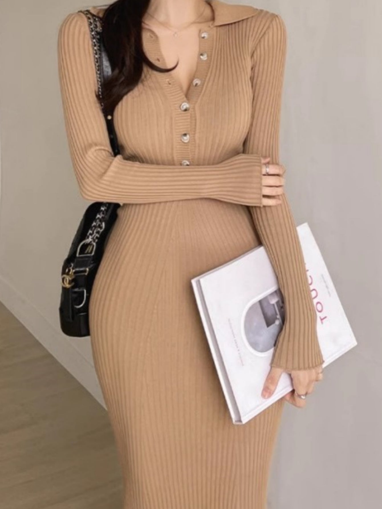 Antmvs Button Front Ribbed Dress, Elegant Solid Long Sleeve Bodycon Dress, Women's Clothing