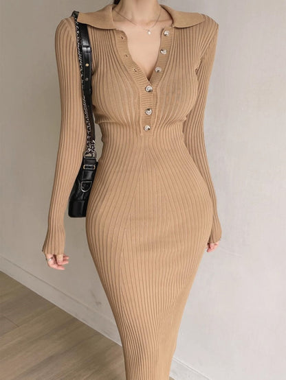 Antmvs Button Front Ribbed Dress, Elegant Solid Long Sleeve Bodycon Dress, Women's Clothing