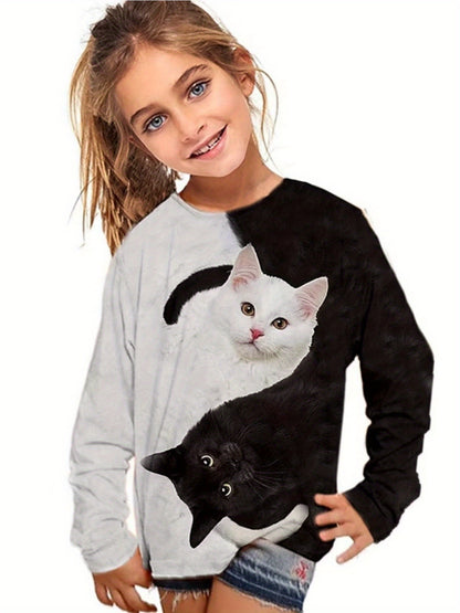 Vibrant Kitty & Reindeer Graphic Long Sleeve T-Shirt for Girls - Soft, Breathable, and Comfortable Fabric - Perfect for Spring, Fall, and Christmas Gift Ideas