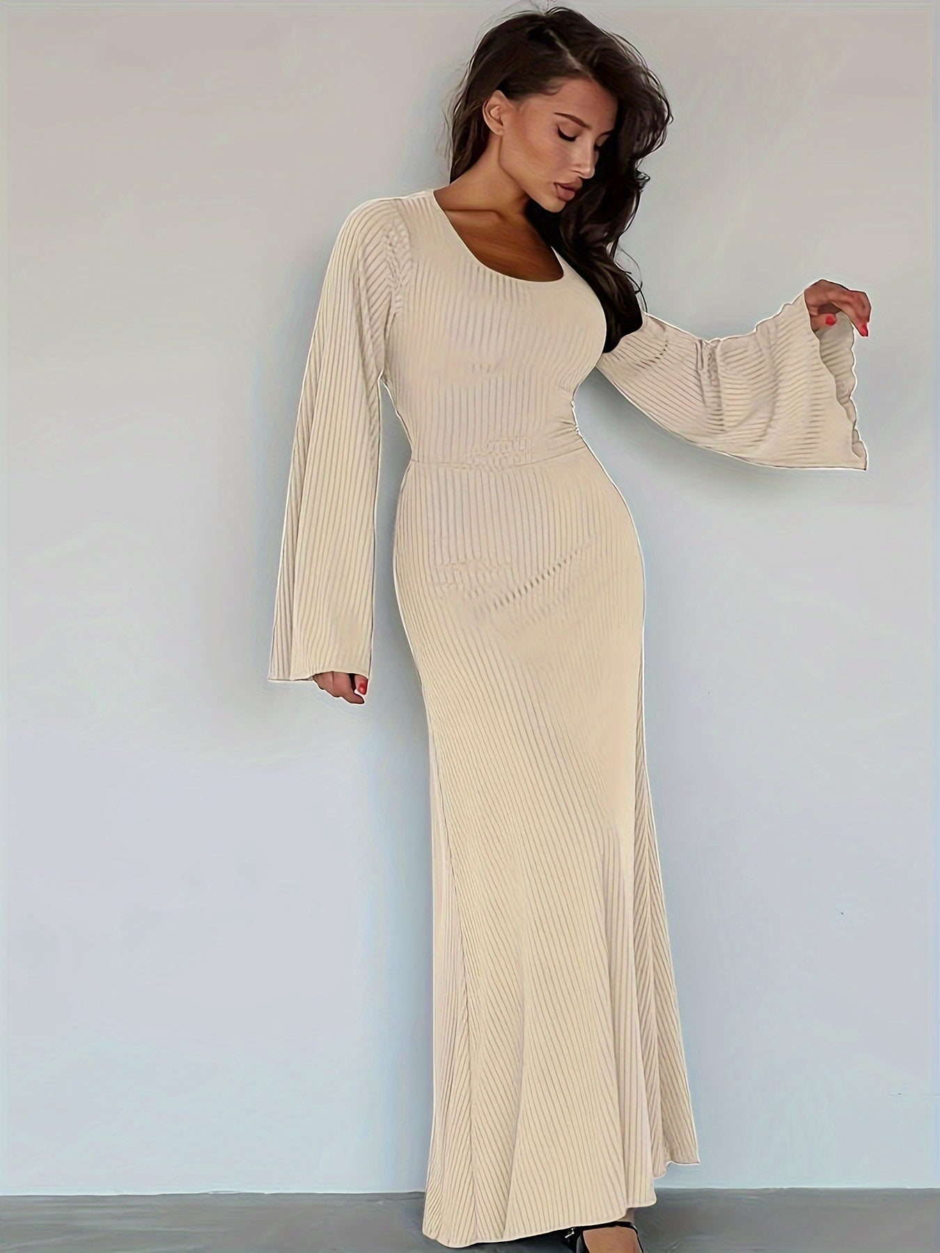 Antmvs Solid Flared Long Sleeve Dress, Casual Squared Neck Maxi Dress, Women's Clothing