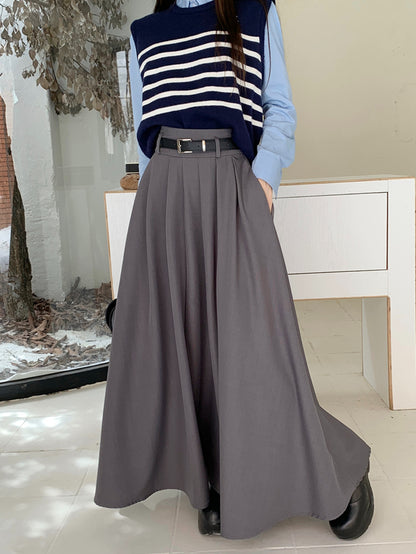 Antmvs Maxi Length Belt Skirt, Elegant Solid Color A-line Skirt, Women's Clothing