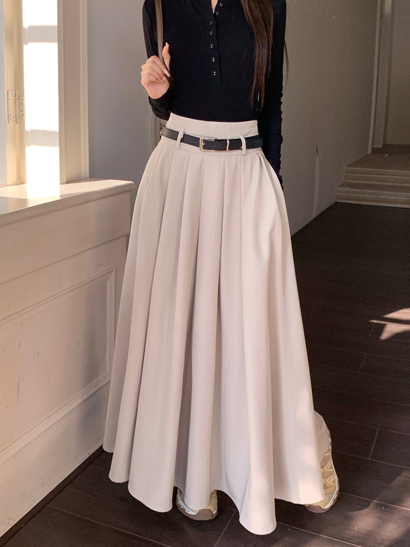 Antmvs Maxi Length Belt Skirt, Elegant Solid Color A-line Skirt, Women's Clothing