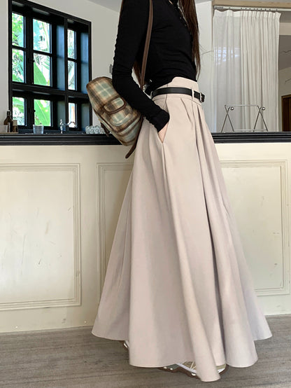 Antmvs Maxi Length Belt Skirt, Elegant Solid Color A-line Skirt, Women's Clothing