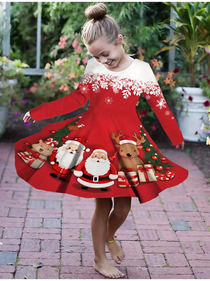 For Spring Fall Christmas Gift, Long Sleeve Girls Sweet Santa & Christmas Tree Graphic Dress