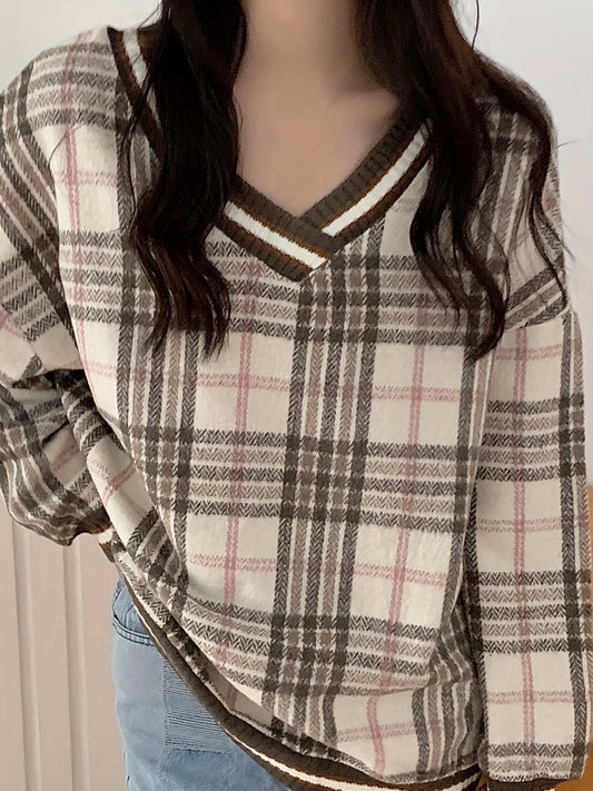 Antmvs Plaid V Neck Pullover Sweater, Casual Long Sleeve Loose Sweater For Fall & Winter, Women's Clothing