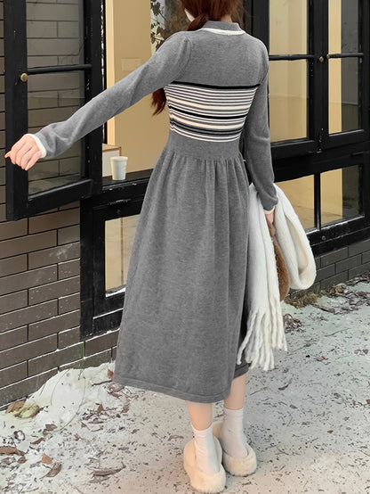 Antmvs Striped Contrast Trim Waist Sweater Dress, Long Sleeve Lapel Collar Causal Dress, Women's Clothing